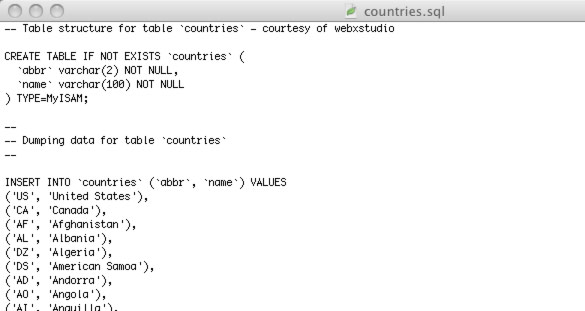 countries.sql - Screenshot